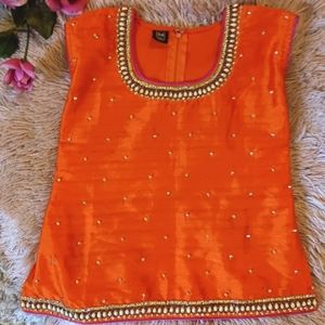 Orange Beaded Silk Indian Choli Sleeveless Blouse